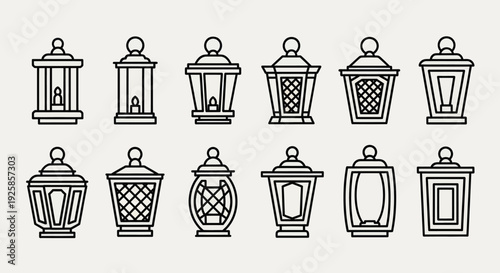 Collection of Vintage Lanterns and Lamps in Outline Style.