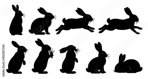 Rabbit silhouettes collection with jumping sitting and running bunny poses isolated on white background vector set