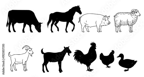 Side view farm livestock silhouette bundle with detailed country animals isolated on white background