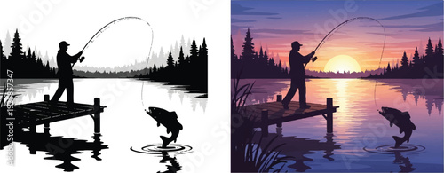 A vector art illustration of a woman and child fishing at sunset over the mountains and river with tree silhouettes and a grunge design sky