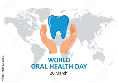 World oral health day illustration with hands holding a tooth over world map