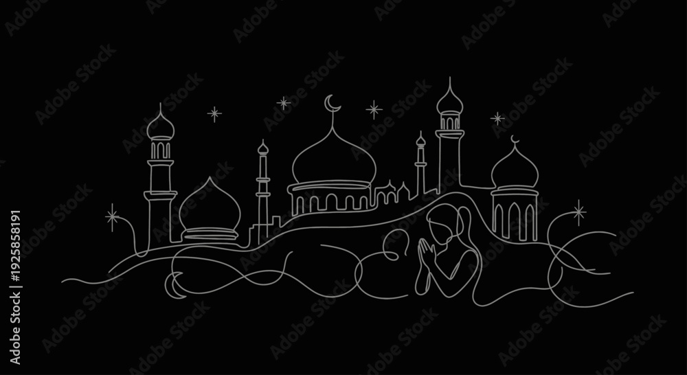 Naklejka premium Islamic mosque architecture with a person praying in silhouette.