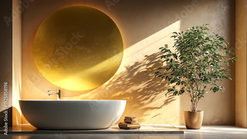 Sleek white tub under golden illuminated disc, adjacent to potted tree, tan walls