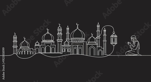 Islamic mosque architecture and a person praying in silhouette.