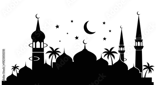 Silhouette of a Mosque with Crescent Moon and Stars.