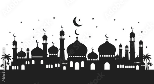 Silhouette of Islamic Mosques and Minarets Under a Crescent Moon.