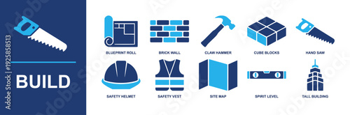 Build icon set. Containing blueprint roll, brick wall, claw hammer, cube blocks, hand saw, safety helmet, safety vest, site map, spirit level, tall building and more. Solid fill vector icons