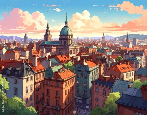 Wallpaper Mural Sunny cartoon cityscape view with building domes and red rooftops under a cloudy sky Torontodigital.ca