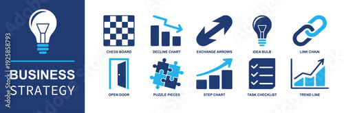 Business Strategy icon set. Containing chess board, idea bulb, puzzle pieces, exchange arrows, link chain, open door, task checklist, step chart, trend line, decline chart and more. Solid fill vector 