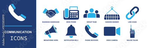 Communication icon set. Containing handshake, desk phone, phone receiver, team group, megaphone, bell, video camera, walkie talkie, banner, link chain and more. Solid fill vector icons