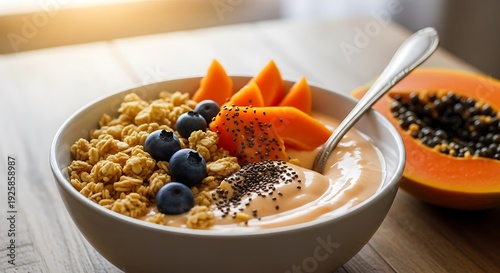 Healthy breakfast bowl with granola, blueberries, and papaya slices.