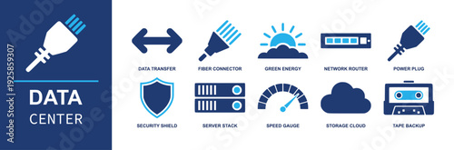 Data center icon set. Containing server stack, cloud storage, router, fiber connector, power plug, security shield, data transfer, backup tape, speed gauge and more. Solid fill vector icons