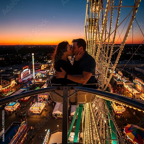 Couple kissing on Ferris wheel at sunset, amusement park date.