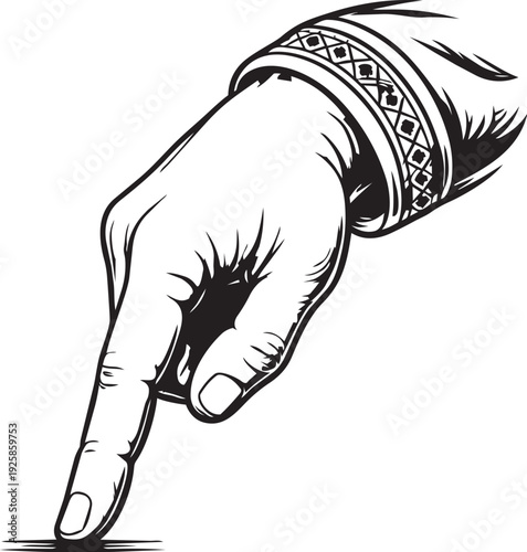 Pointing down arabic muslim man hand with thobe sleeve index finger indicating location packaging design
