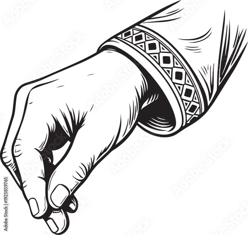 Pinch gesture arabic muslim man hand with thobe sleeve fingers pressed for small size concept packaging design