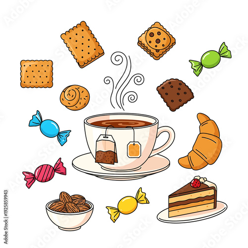 Cozy Tea Time Illustration with Hot Tea Cup Surrounded by Assorted Sweets and Pastries

