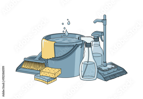 Cleaning supplies set: broom, bucket, and spray bottles with water droplets