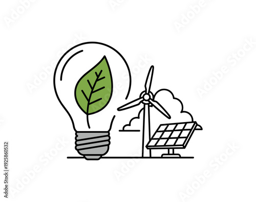 Renewable energy icons depicting sustainable solutions with light bulb, solar panel, and wind turbine