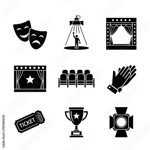 Black Theater and Entertainment Icon Set Featuring Drama Masks, Stage, and Awards

