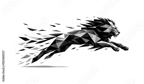 Dynamic low poly lion in motion with geometric fragmentation