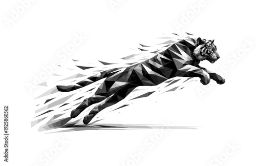 Dynamic geometric tiger leaping with shattered polygon effect on white background