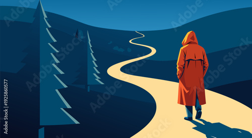 Solitary vector illustration trekker on winding yellow mountain road at dusk