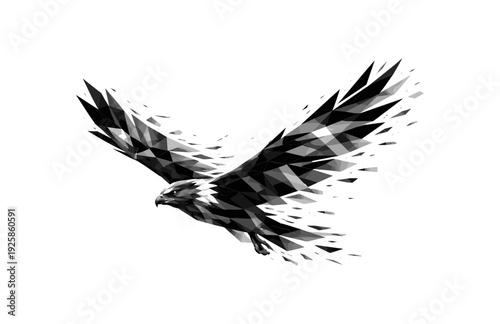 Geometric low poly eagle in flight with dynamic black and white fragments