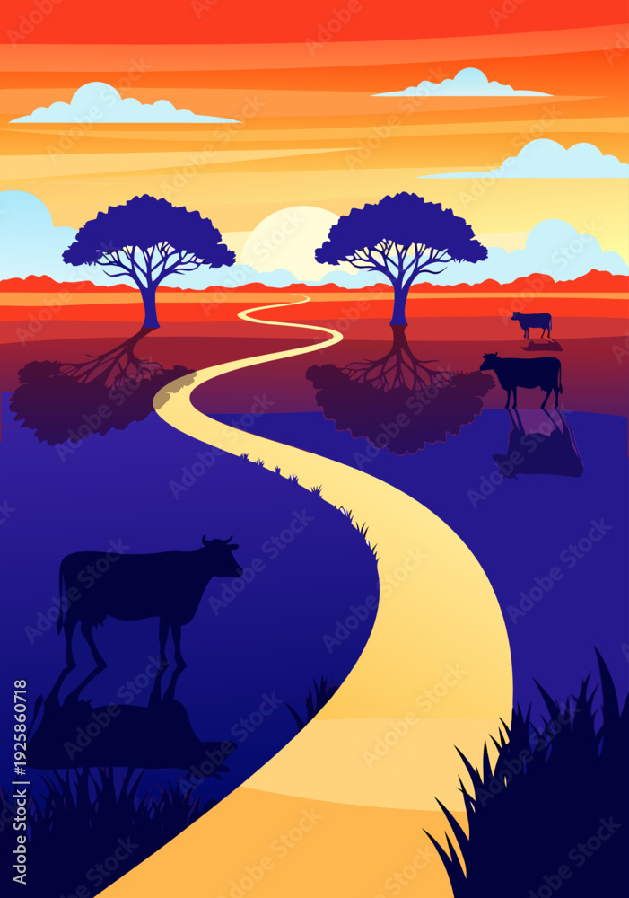 Naklejka premium Winding yellow vector illustration road curving through peaceful savanna at dawn