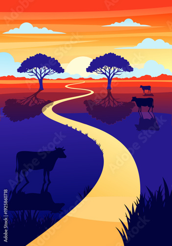 Winding yellow vector illustration road curving through peaceful savanna at dawn