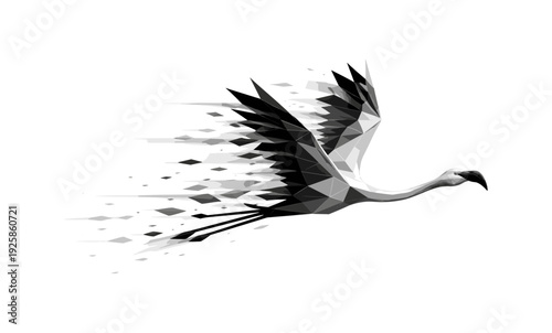 Low poly pixelated flamingo in flight with geometric fragmentation