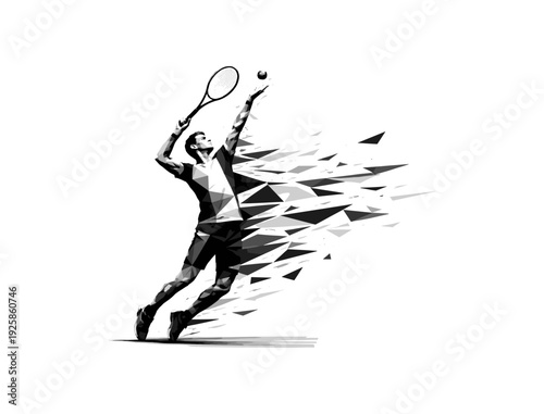 Dynamic geometric tennis player in motion with abstract polygon burst design