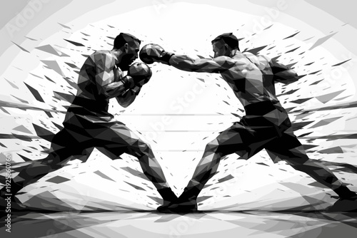 Dynamic low poly boxing fighters in action-packed battle scene