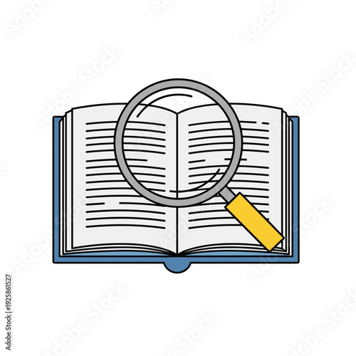 Open book with magnifying glass over text  