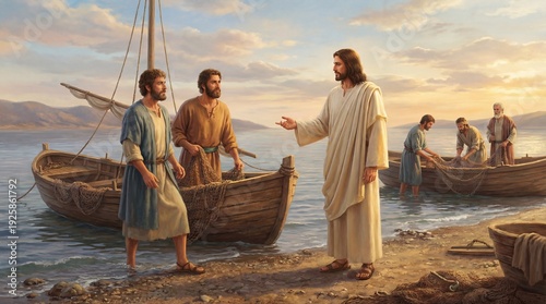 Jesus Christ calling his first apostles by the water, fishermen leaving nets and their former life, embracing divine invitation, becoming fishers of men, serving the Kingdom of God
