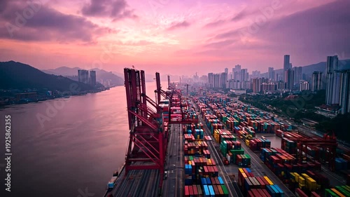 Aerial view of shipping port with cargo containers under a pink-tinted sunset