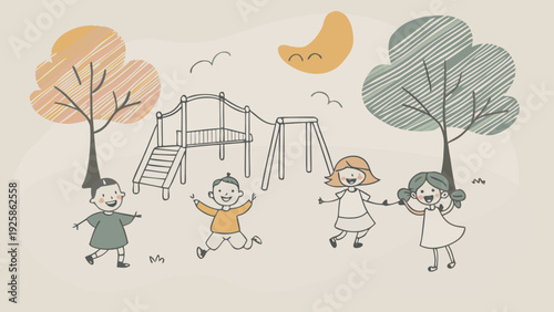Watercolor storybook illustration of cheerful school children playing in a playground during recess, kids running, swinging, sliding and laughing together