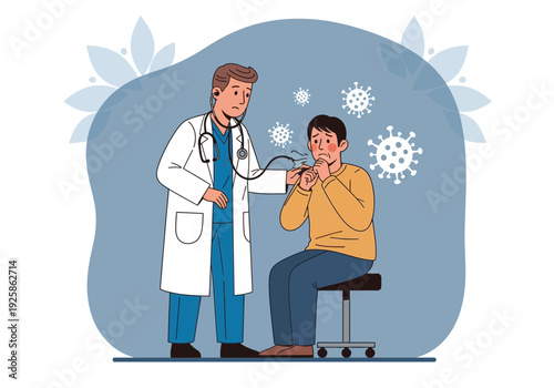 Doctor examining patient with virus graphic on blue background