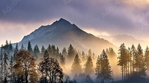 Mountain peak rises above foggy trees, bathed in soft light, under an overcast sky