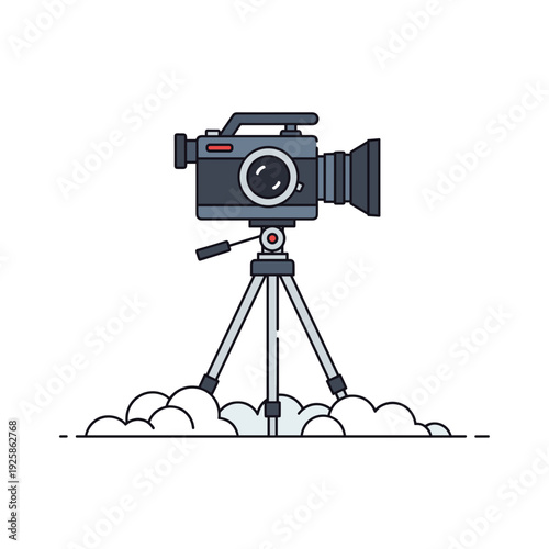 Camera on tripod with clouds in minimal outline style  