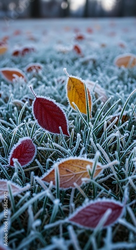 Close-up of frosty grass with colorful autumn leaves on a cold morning.