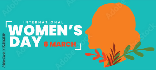 International Women's Day 8 March Horizontal Banner Silhouette of a Woman Profile with Floral Elements on Teal Background for Empowerment and Equality