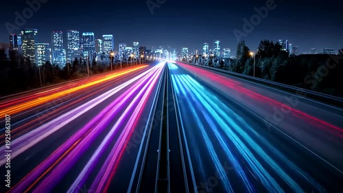 A long exposure night shot captures vehicle trails and the city skyline with vibrant light streaks over the highway