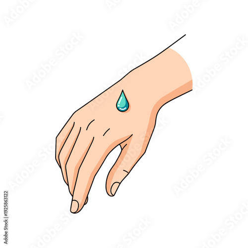 Hand with a water droplet on skin in simple line art style  
