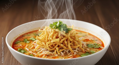 Steaming bowl of Khao Soi, a popular Northern Thai noodle soup dish