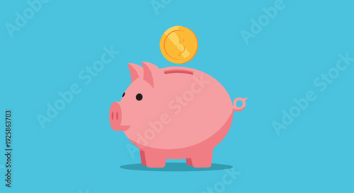 A pink ceramic piggy bank with a golden dollar coin being dropped into its slot on a blue background.