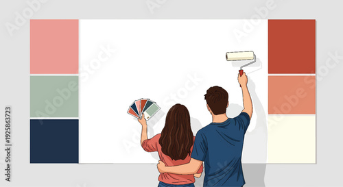 Couple painting a wall together choosing colors for home renovation.