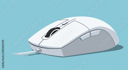 White wired computer mouse with a black scroll wheel and two side buttons, viewed from an angle.