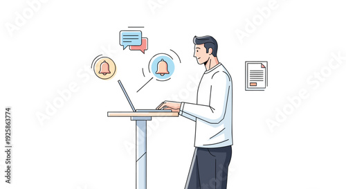 Businessman working on laptop with notification icons