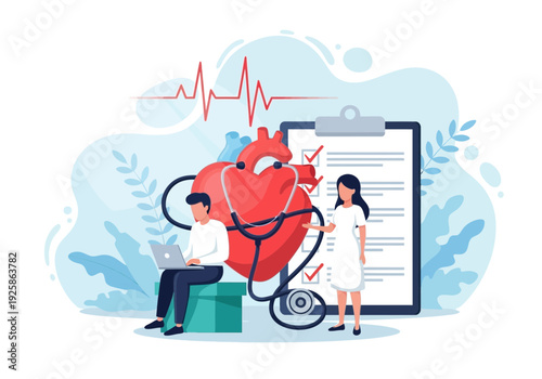 Medical professionals with heart and clipboard on colored background
