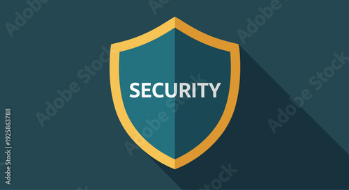 Teal and gold shield icon with the word security written in white letters on a dark blue background.